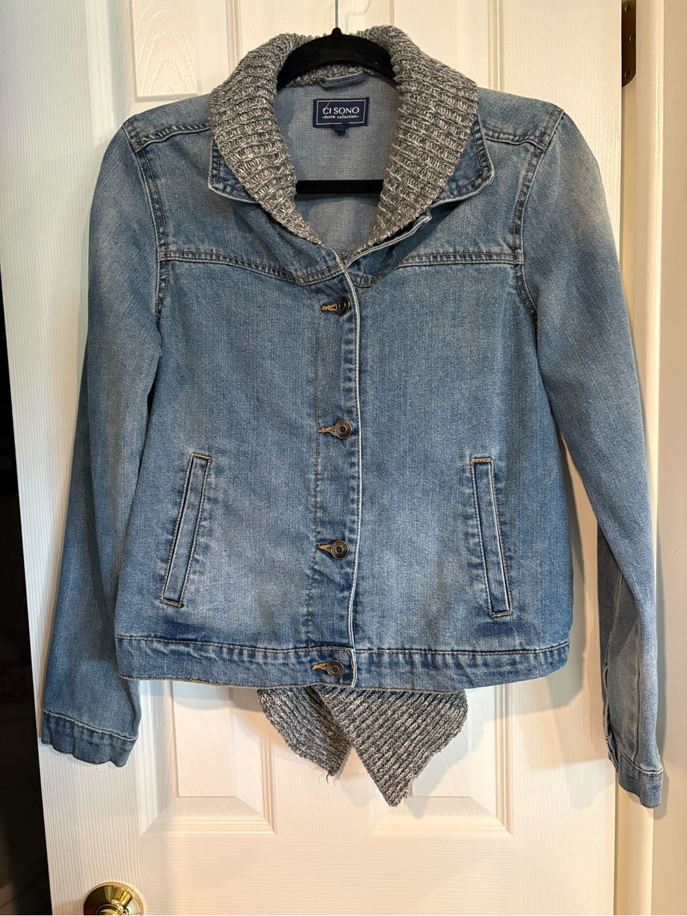 Ci Sono Light Blue Denim Jacket with Gray Knit Shawl Collar